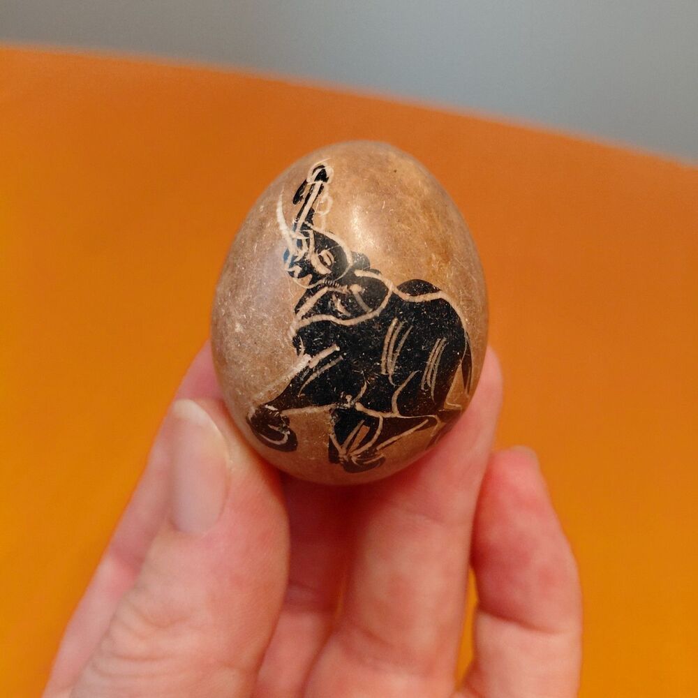 VTG Carved Soapstone Egg African Wildlife Hand Etched Elephant Baobab Tree 2"